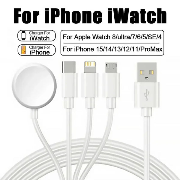 Portable 4 in 1 Magnetic Watch Wireless Charger Charging Date Cable For Android iPhone 16 15 14 13 12 11 Pro Max iWatch 8 Ultra 7 6 SE 5 4