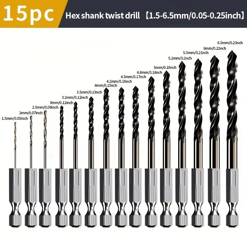 15Pcs 1.5–6.5 mm Hex-shank Cobalt-tipped Twist Drill Bits (for high-strength, ultra-hard wood / high-speed steel / general-purpose)