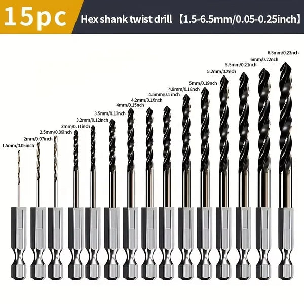 15Pcs 1.5–6.5 mm Hex-shank Cobalt-tipped Twist Drill Bits (for high-strength, ultra-hard wood / high-speed steel / general-purpose)