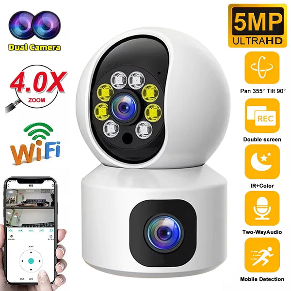 5MP WiFi IP Camera Dual Lens Dual Screen Baby Monitor Home Security Camera PTZ Auto Tracking CCTV Video Surveillance Camcorder