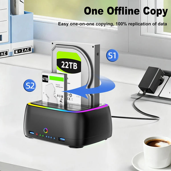 2.5/3.5-inch SATA Dual-Bay Hard Drive Enclosure with Type-C Interface Offline Cloning | High-Speed Transfer | Compatible with Windows/Mac/Android Supports 22TB High-Capacity Drives