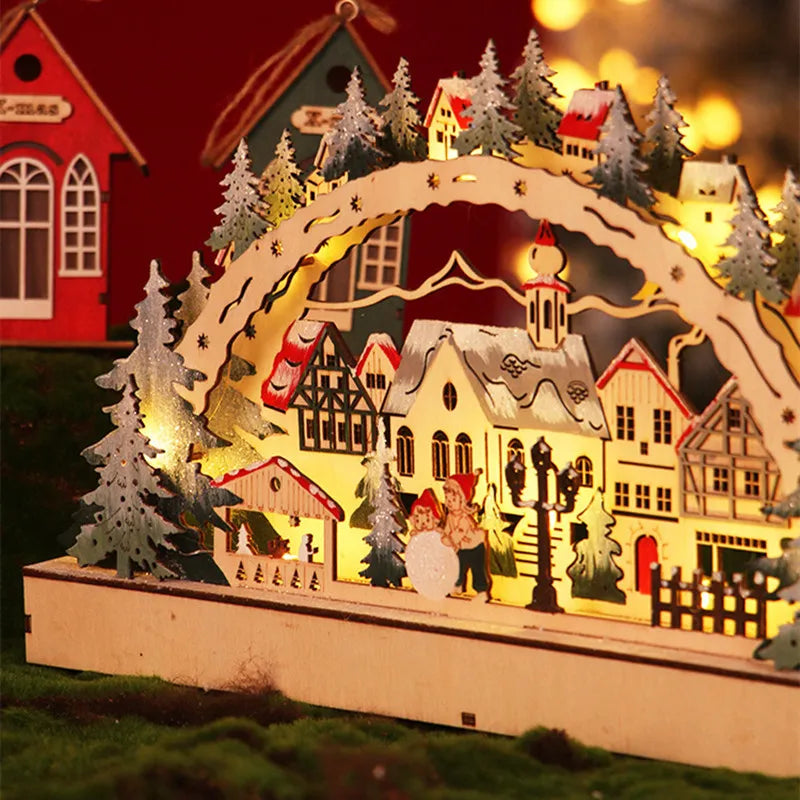 Wooden Christmas Village House Night Lights Christmas Ornaments Forest Scene Wooden Series Home Christmas Decorations