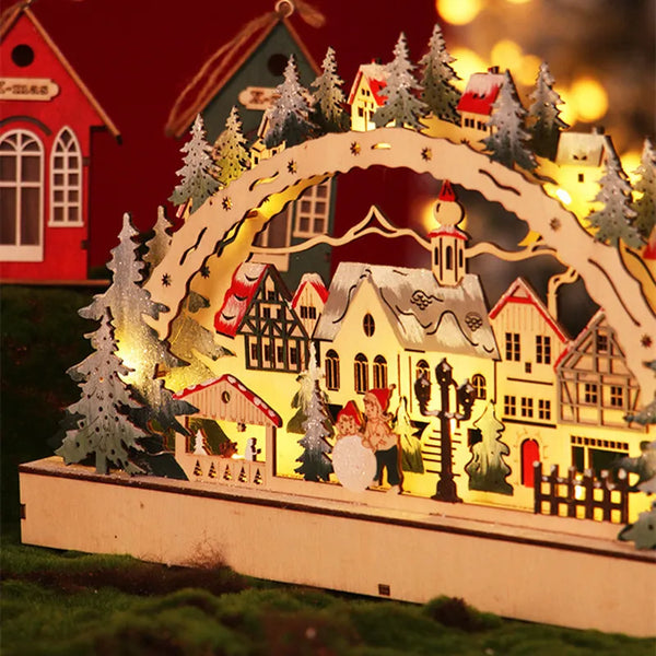 Wooden Christmas Village House Night Lights Christmas Ornaments Forest Scene Wooden Series Home Christmas Decorations