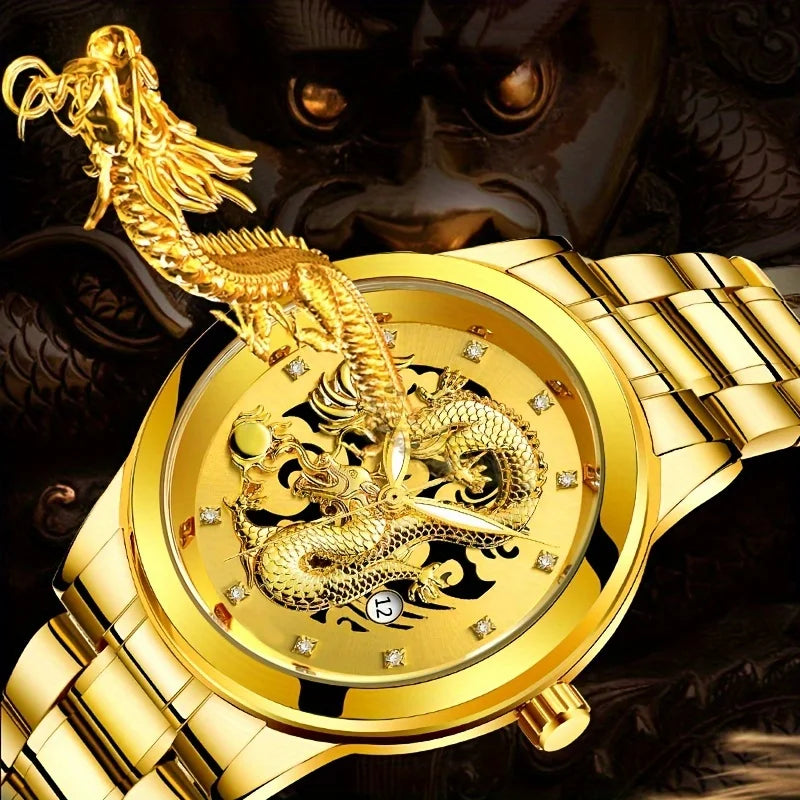 Men's Embossed Gold Dragon Watch Waterproof Fashion Watch  3D Gold Dragon Calendar Watch Quartz Stainless Steel Men Watches