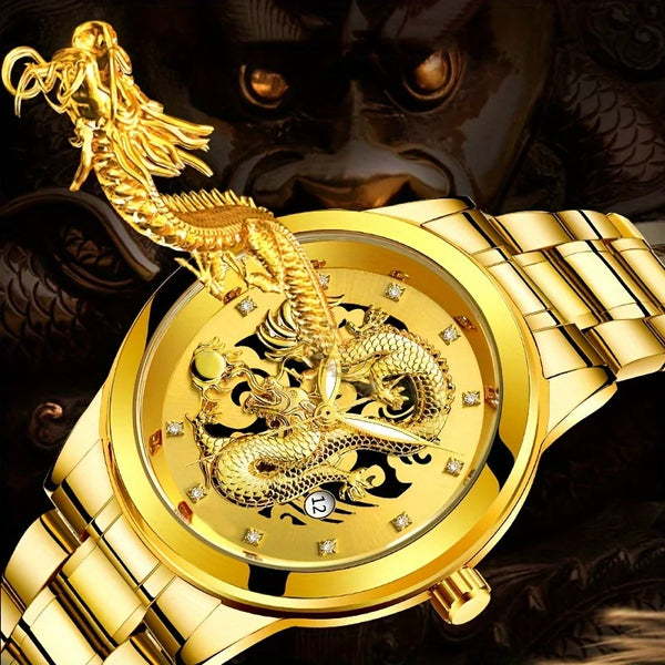 Men's Embossed Gold Dragon Watch Waterproof Fashion Watch  3D Gold Dragon Calendar Watch Quartz Stainless Steel Men Watches