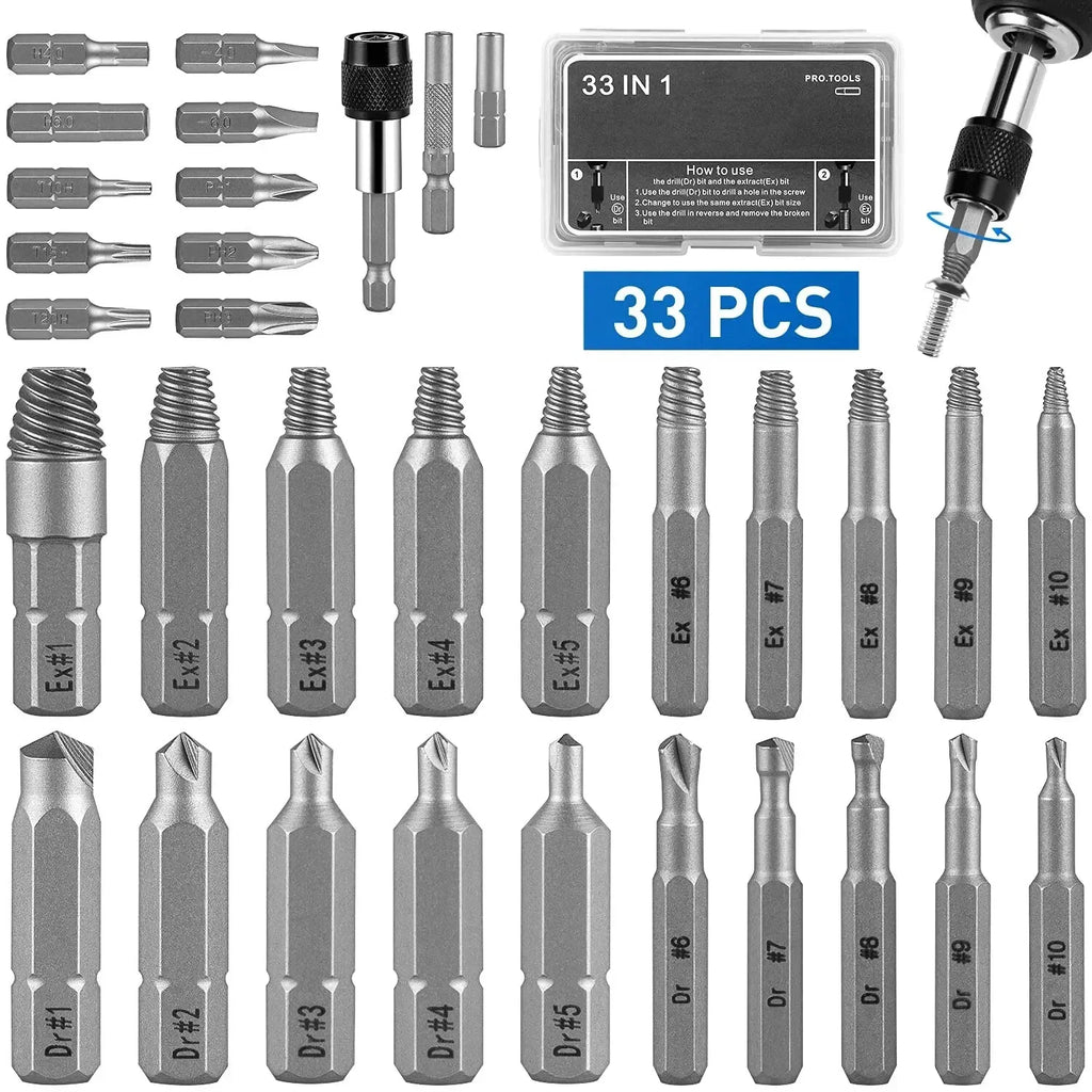 33Pcs Stripped Screw Extractor Set | S2 Steel Broken Bolt Removal Tool | Includes Socket Extension Drill Bit | Universal Stripped Screw Extractor | Essential Tool for Mechanical Repairs