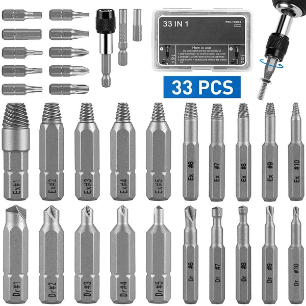 33Pcs Stripped Screw Extractor Set | S2 Steel Broken Bolt Removal Tool | Includes Socket Extension Drill Bit | Universal Stripped Screw Extractor | Essential Tool for Mechanical Repairs