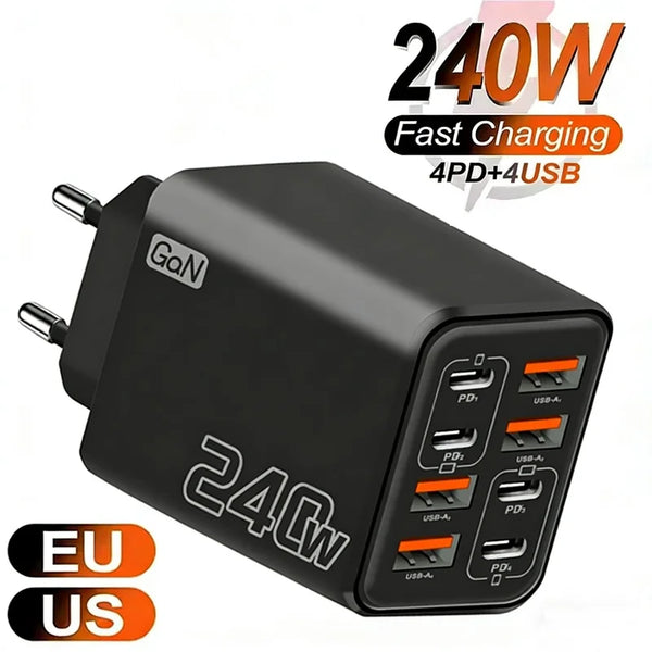 8-Port 4A Fast Charger, featuring 4 USB-C PD ports and 4 USB-A ports, supporting simultaneous fast charging for multiple devices such as mobile phones, tablets and laptops
