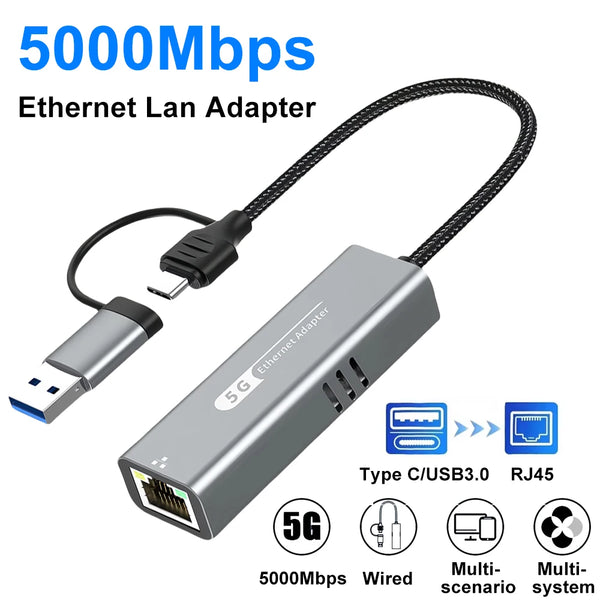 5Gbps USB/Type C to Ethernet Adapter RTL8157 Chipset 5000Mbps USB3.2 to RJ45 Network Card Lan Internet Cable For MacBook PC Windows