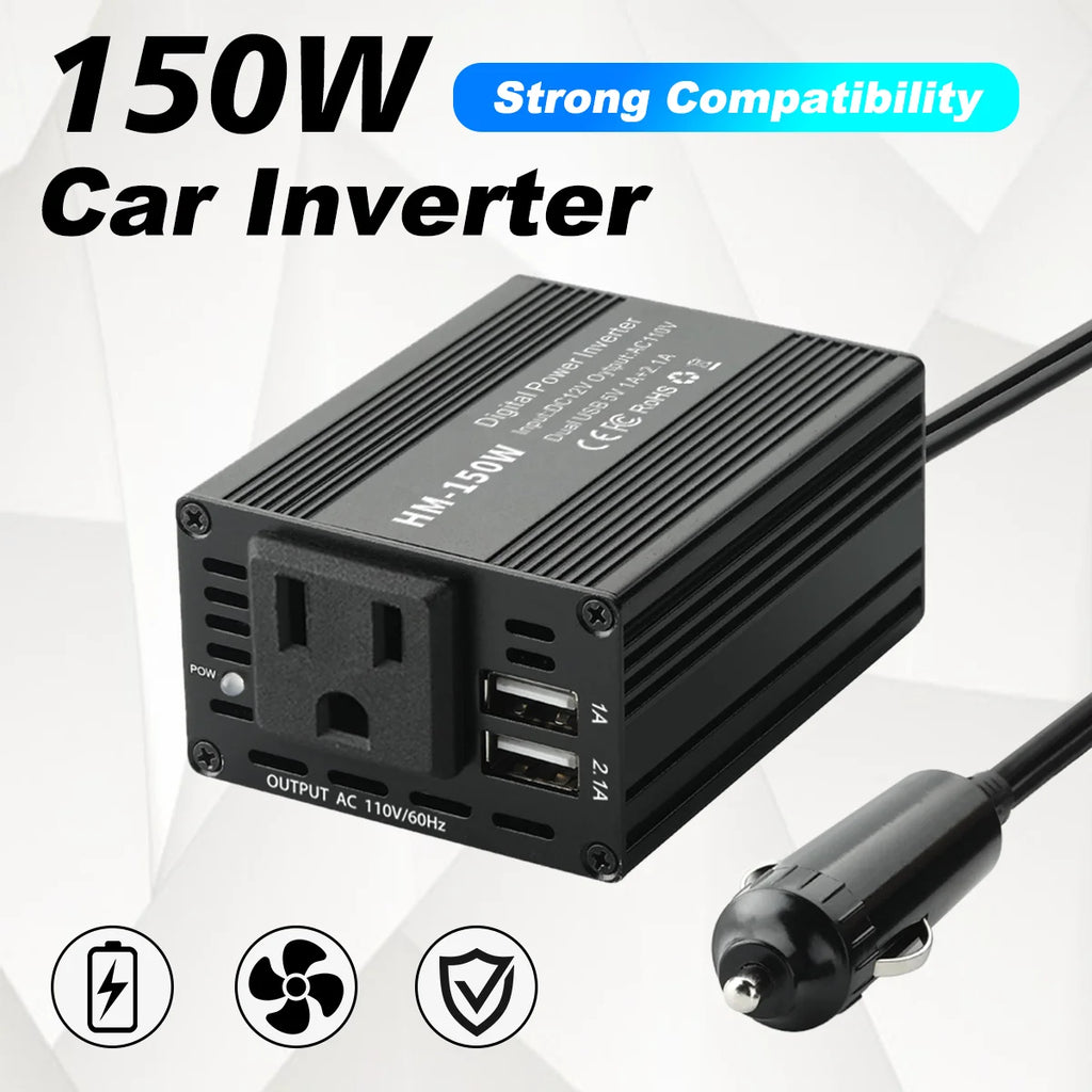 150W Mini Car Inverter | 12V DC to 110V/220V AC Converter with Dual USB Ports