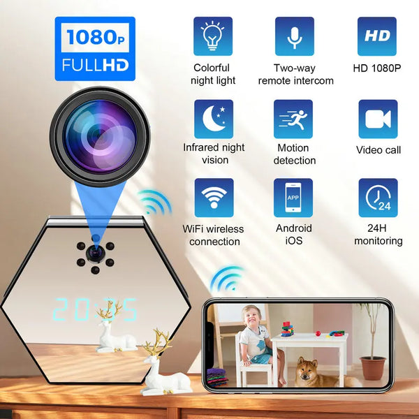Full 1080P HD Digital Clock IP Camera Night Vision Monitoring Motion Detection Auto Loop Recording Mini Home Camcorder Mini Camera 1080P Smart Colorful Lights Table Clock