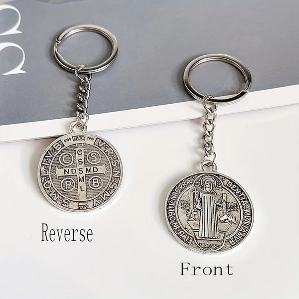 Keychain Catholic Benedict Medallion Keychain Catholic San Benito Round Pendant Metal Alloy Fashion Men Women Key Chain Ring