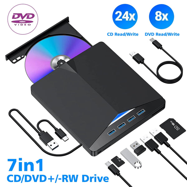 7-in-1 USB 3.0 + Type-C External DVD RW CD Drive Burner Reader Player Mobile Optical Drive For PC Laptop Desktop Computer