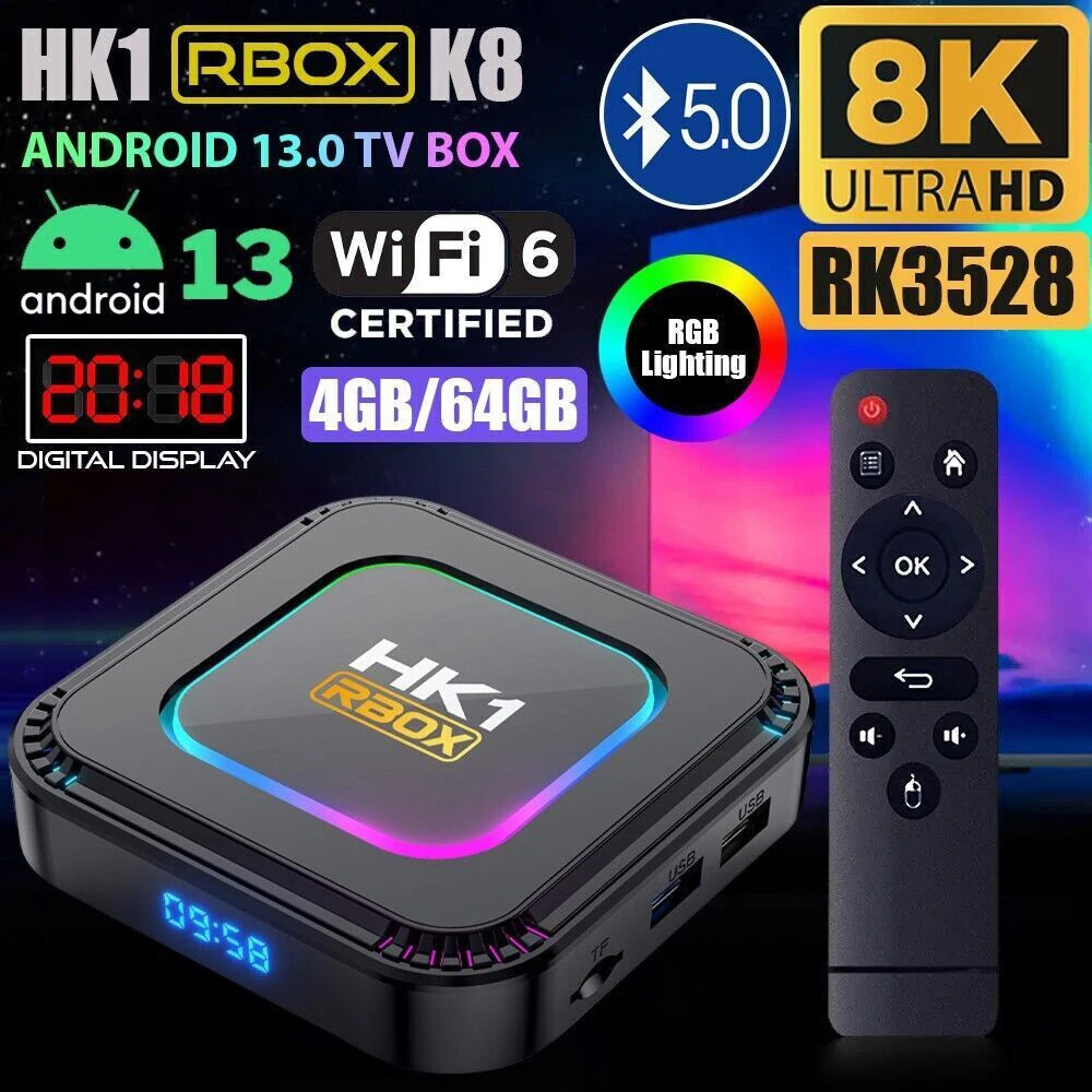 HK1 RBOX K8 Android 13.0 TV Box Quad-core RK3528 4G 32G/64G WIFI6 8K UHD Media Streaming Player Set Top Box