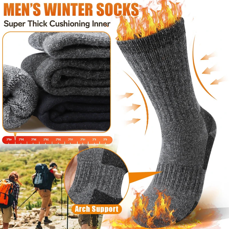 2 Pairs Men's Fleece-Lined Thermal Solid-Color Crew Socks Winter Anti-Slip Thickened Loop Mid-Calf Socks
