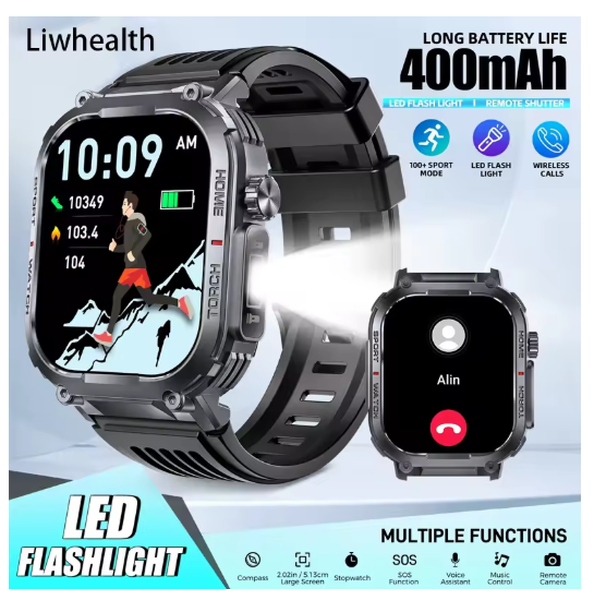 24-hour Health Monitoring Smart Watch Man Woman 3ATM 2.02" Outdoor LED Flashlight Compass LED Torch Sports Health Fitness Track 100+ Sports Modes
