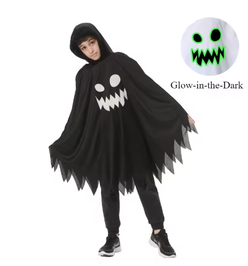 Glow in the Dark Ghost Cosplay Cape for Girls Boys Black White Halloween Trick or Treat Carnival Party Stage Performance Costume