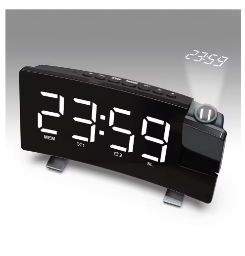 Projection FM Radio Curved-Screen Digital Alarm Clock LED Display Projection on Ceiling Wall 180°Projector for Heavy Sleeper