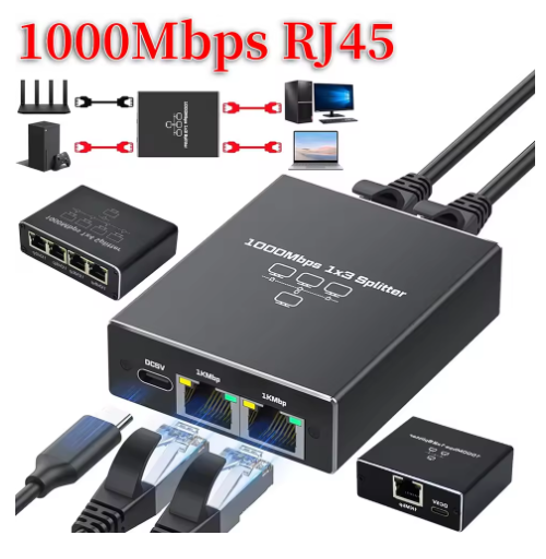 Ethernet Splitter RJ45 Ethernet Splitter 1 To 2/4 High Speed 1000Mbps Network Extension Connector CAT 5 6 7 8 Network Cable