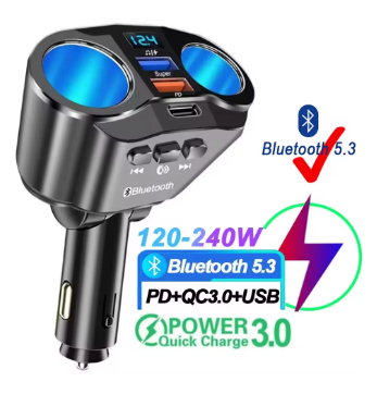 120W Car Bluetooth Extended Dual Cigarette Lighter Hole Fast Charging USB/PD Fast Charging 4.8A with Voltage Display Charger
