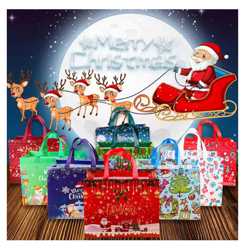 2Pcs Large Christmas Gift Bags Christmas Tote Bags with Handles (32x25x17cm) Multifunctional, Durable and Reusable