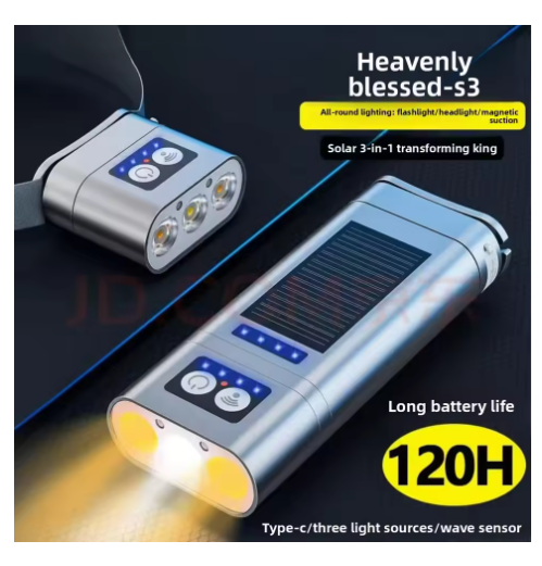 2 in 1 Combination Dual-Light Source Solar Headlamp Flashlight with Dedicated 120-Hour Solar Power Bank