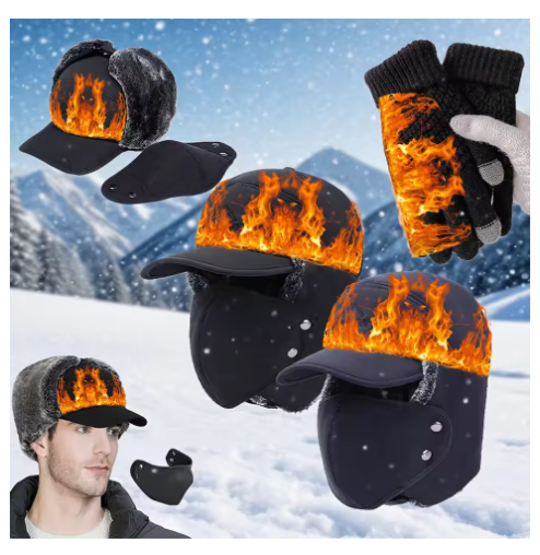 2PCS (Hat+gloves) Winter 3 in 1 Thermal Lined Trapper Hat with Ear Flap Full Face Warmer Cover, Winter Windproof Warm Hat