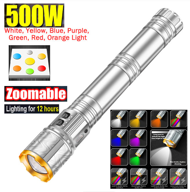 500W Seven-Color LED Zoom Laser Flashlight White/Yellow/Blue/Purple/Red/Green/Orange Light Ultra-Long Battery Life Side Lighting
