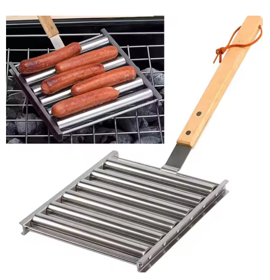 Stainless Steel Hotdog Roller Grill with Extra Long Wood Handle BBQ Hot Dog Griller Sausage Corn Roller Home Kitchen Barbecue Grilling Accessories