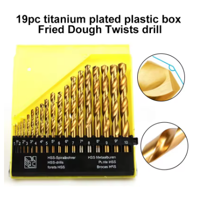 19pcs Titanium Plated 1mm-10mm Straight Handle Twist Drill Set Electric Drill Bit Drilling Woodworking Drilling Tool Accessory Set