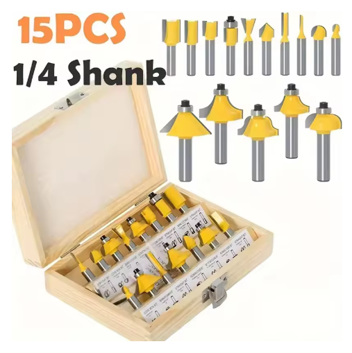 15pcs/Set Milling Cutter 1/4 Shank Wood Cutter Carbide Mill Woodworking Trimming Engraving Cutting Tools Carpentry Accessories