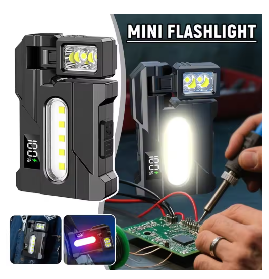 Rotatable Multi-Angle Illumination Dual-Light Source Digital Display Magnetic Work Light with White Side Light Red/Blue Warning Light