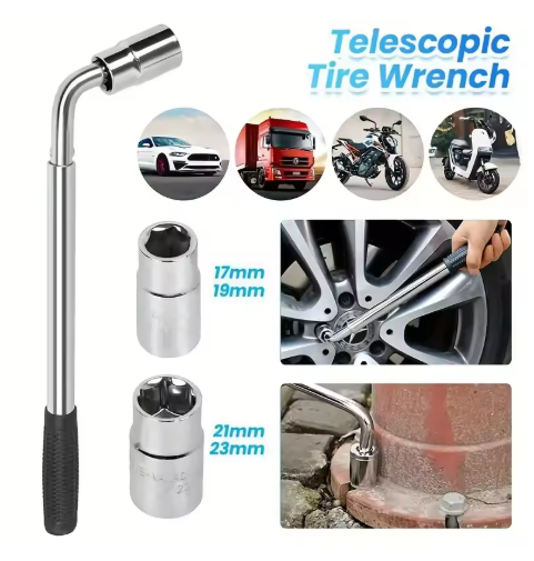 Industrial-Grade Telescopic Tyre Wrench – Four-in-One Socket Set (17/19/21/23mm) | Portable Extendable Car Tyre Removal Tool for Effortless and Safe Tyre Changes