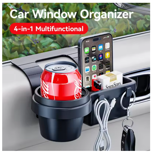 4-in-1 Car Storage Rack: Window Gap Phone Holder + Cup Holder + Key Organiser Fits Window Gaps Without Installation, Leaving No Residue or Damage to Windows.