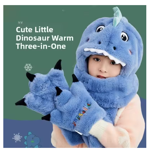 Dinosaur Beanie and Scarf Set | Unisex Winter Thermal Three-Piece Set for Children and Adults | Cartoon Windproof Gloves with Ear Warmers | Unisex Cold-Weather Protection