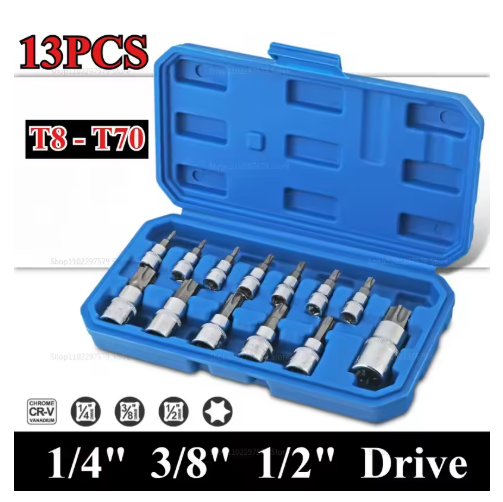 13pcs Torx Bit Socket Set CRV S2 Steel Drives T8-T30 3/8 T40-T60 1/2 T70 with Case for Automotive Mechanical Repair