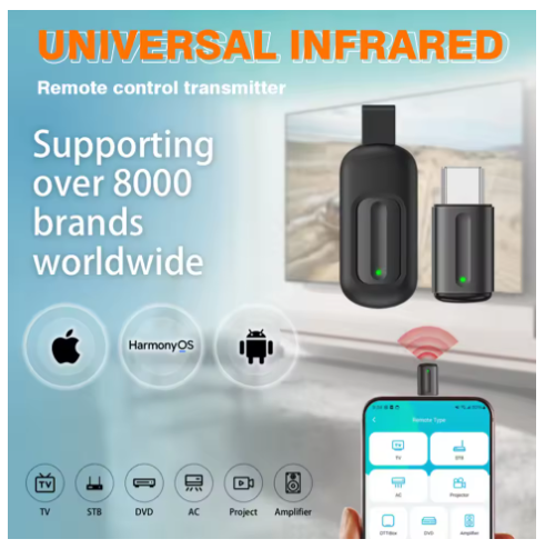 Universal Mobile Capsule Remote Control - Type-C Interface Universal Infrared Transmitter, compatible with Apple iOS/Android/HarmonyOS Systems Controls air conditioners, televisions, cameras and other household appliances (38kHz/56kHz, 940nm wavelength)