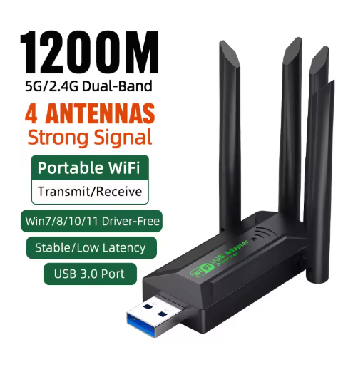 4-Antenna Driver-Free 5G Dual Band Gigabit USB Wireless Network Card | WiFi Adapter for Desktop & Laptop | Supports Hotspot Sharing