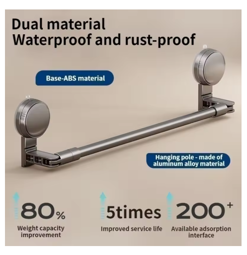 No-Drill Suction Cup Towel Rack Bathroom Storage Shelf Extendable 30cm-95cm Towel Bar Rotatable Adjustable Drain Rack Strong Suction, No Drilling Required