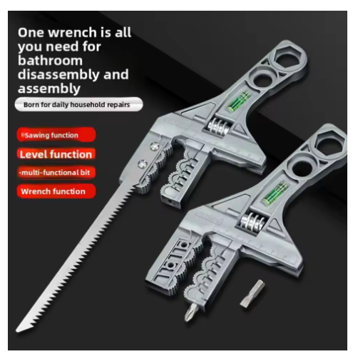 4-in-1 Combination Tool: Wrench + Saw + Spirit Level + Screwdriver Multi-Functional Bathroom Tool Large-Opening Wrench for Sawing and Disassembly Includes Spirit Level and Screwdriver Ideal for Home Repairs in Confined Spaces