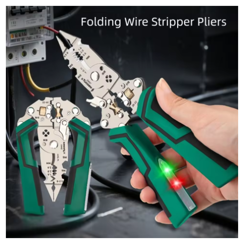 Folding Voltage Tester and Wire Stripper Integrated voltage tester/wire stripper/cutter/crimper – one tool, multiple functions Safety testing 12-250V, rapid wire stripping, portable storage