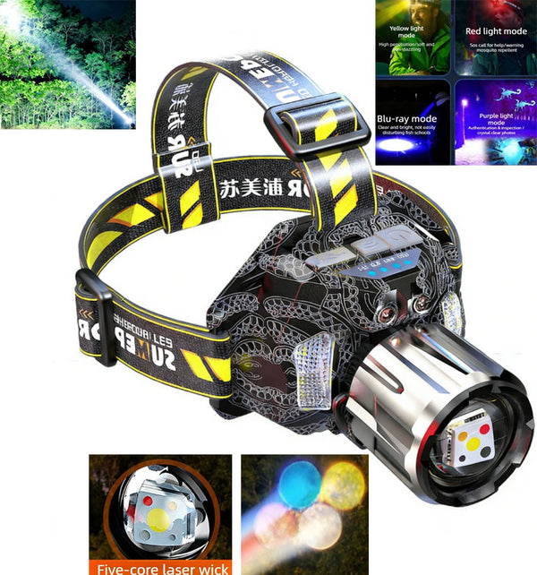 New Ultra-Bright Five-Core LED Headlamp with Red, White, Blue, Yellow & Purple Light Sources 3000mAh Lithium Battery for Extended Run Time Extendable Zoom Function Specialised for Outdoor Hiking, Camping, Night Fishing & Patrol Use