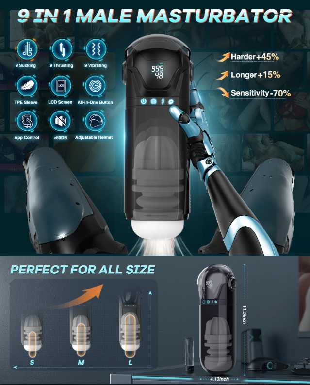 9-in-1 Smart Male Masturbator | App-Controlled Vibration + Thrusting + Suction Trio | Enhances Hardness and Stamina | Easy Clean, Full Size Compatibility