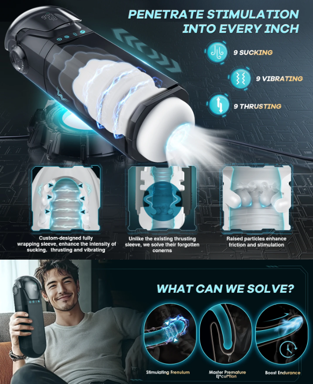 9-in-1 Smart Male Masturbator | App-Controlled Vibration + Thrusting + Suction Trio | Enhances Hardness and Stamina | Easy Clean, Full Size Compatibility