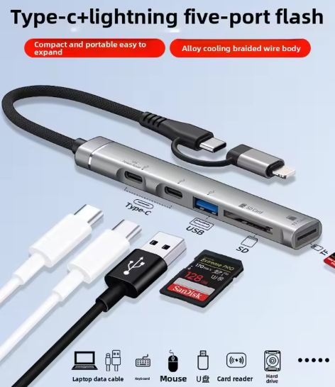 Type-C+Lightning 5-in-1 Card Reader Splitter | Supports OTG | Directly Connects Mobile Phones to USB Drives/SD/TF Cards | Universal Expansion Dock for Apple and Huawei Tablets