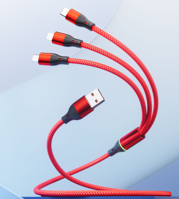 2Pcs Light-Equipped 100W Pure Copper Core Fast Charging Triple-Port Cable | Nylon Braided Single Cable for Three Devices Compatible with Huawei, Apple and Android Phones | Durable Car Fast Charging Data Cable