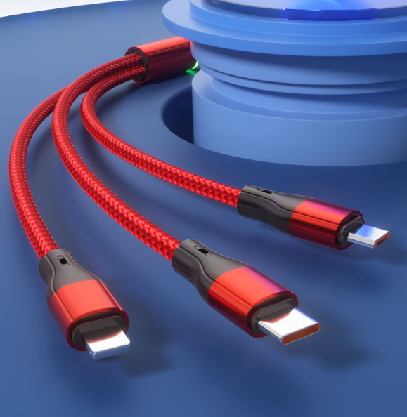 2Pcs Light-Equipped 100W Pure Copper Core Fast Charging Triple-Port Cable | Nylon Braided Single Cable for Three Devices Compatible with Huawei, Apple and Android Phones | Durable Car Fast Charging Data Cable