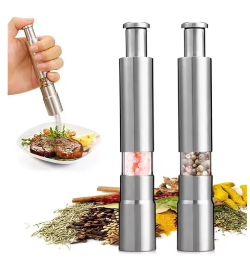 1Pc Salt Pepper Grinders With Push Button Tops Stainless Steel Base And Rod One Handed Salt And Pepper Mill Kitchen Cooking Gadgets