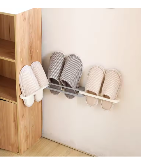 Foldable Wall-Mounted Slipper Rack - No Drilling Required Bathroom Entryway Shoe Storage for Home Use 1-to-3 Conversion for Three Pairs of Shoes Space-Saving Design