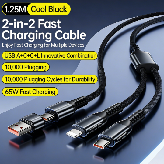 Dual-Port USB+C 65W Fast Charging Braided Cable｜USB+C Input｜Type-C + Lightning Output｜Nylon Braided Durability & Flex Resistance